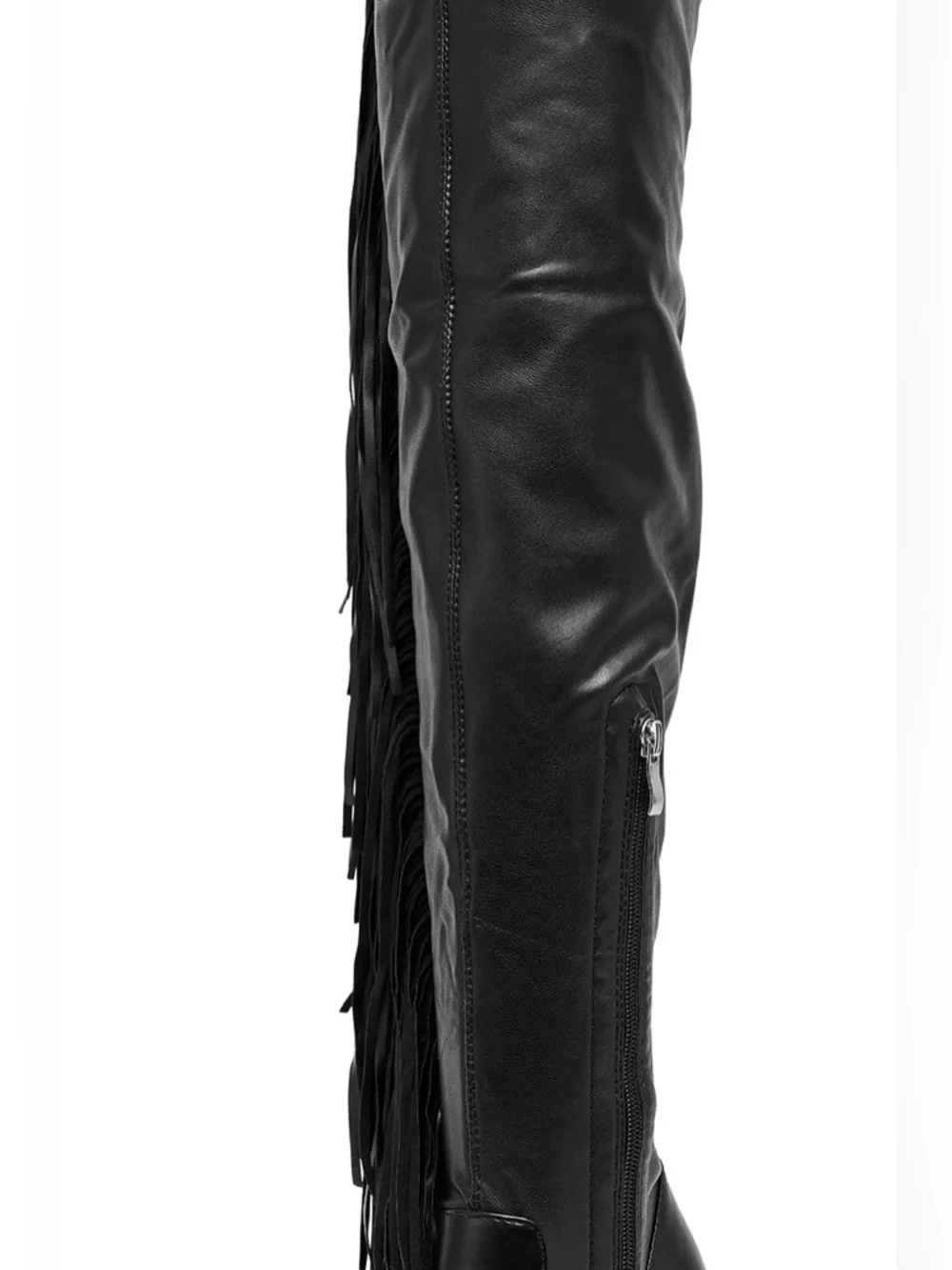 Fringe Over-the-Knee Boots — Black Leather Knee-Highs